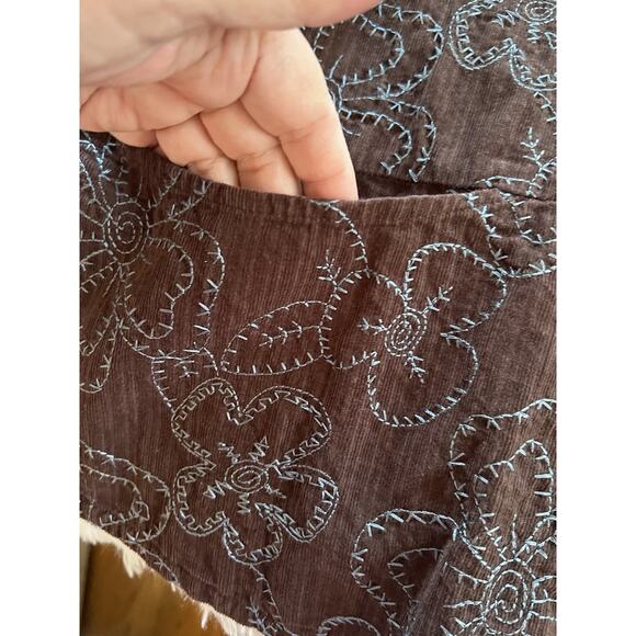 FLAX Medium Brown Corduroy Collared Lightweight Jacket Blue Embroidered Floral - Picture 7 of 9